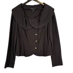 St. John Ruffled Pan Collar Brown Knit Jacket Rhinestone Buttons - 14